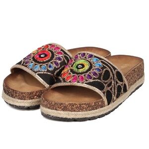 Rainbow Flower slide with gold embroidery & espadrille trim size 10 (regain-u4)